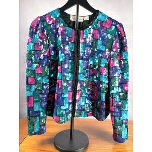 Laurence Kazar Vintage Sequin Jacket Multicolor Silk Beaded Evening Top Size M